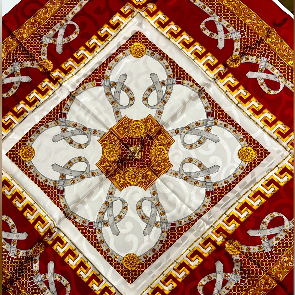 Womens Italian Silk Scarf Rich Red Gold White 100% Silk Italian 34X35